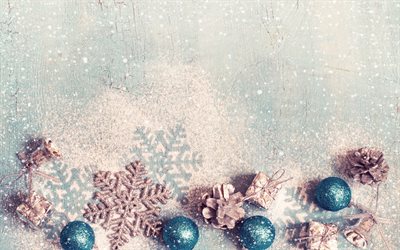 Christmas decoration, New Year, artificial snow, snowflakes, cones, Christmas balls, toys, blue wooden background, Christmas