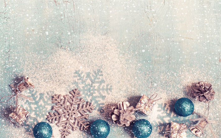 weihnachten, dekoration, neues jahr, k&#252;nstlicher schnee, schneeflocken, zapfen, weihnachtskugeln, spielzeug, blau holz-hintergrund
