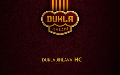 HC Dukla Jihlava, 4k, logo, leather texture, Czech hockey club, Extraliga, Jihlava, Czech Republic, hockey