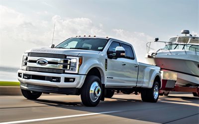 Ford F-450, Super Duty, Limited, 2018, 4k, white big SUV, USA, new F-450, transportation boats, American cars, Ford
