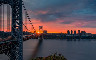 Ponte George Washington, Nova York, Manhattan, p&#244;r do sol, EUA, metr&#243;pole, arranha-c&#233;us, Rio Hudson