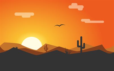 desert, 4k, sunset, art, bright sun, minimal