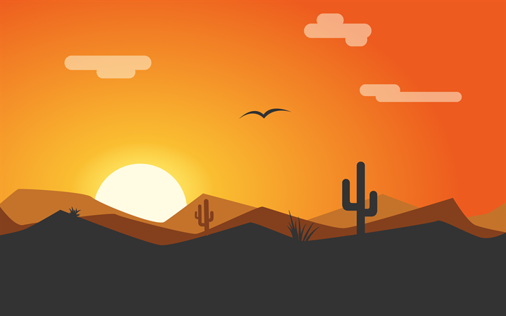 砂漠, 4k, 夕日, 美術, 明るい陽, 最小限の