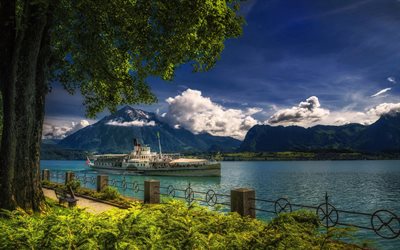 Lake Thun, Switzerland, mountain landscape, Alps, pleasure boat, motor ship, Oberhofen