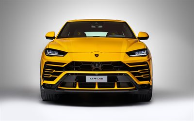 Lamborghini Urus, 2018, 4k, vista frontal, esportivo de luxo SUV, amarelo Urus, frente luzes de LED, Lamborghini