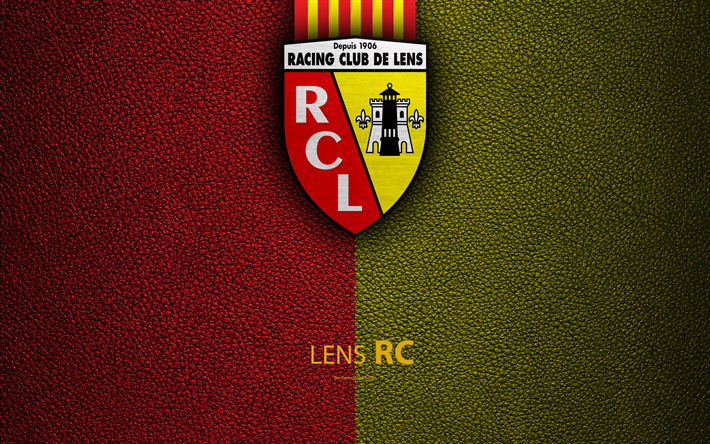 RC Lens, نادي كرة القدم الفرنسي, 4k, الدوري الفرنسي 2, جلدية الملمس, شعار, لانس, فرنسا, الدرجة الثانية, كرة القدم