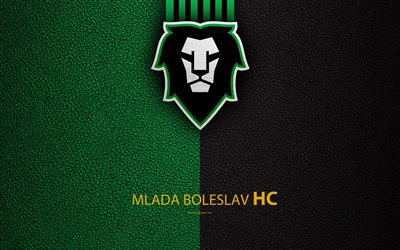 BK Mlada Boleslav, 4k, logo, leather texture, Czech hockey club, Extraliga, Mlada Boleslav, Czech Republic, hockey
