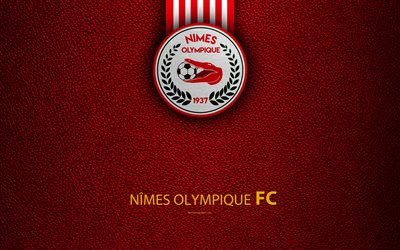 Nimes Olympique FC, French football club, 4k, Ligue 2, leather texture, logo, Nimes, France, second division, football