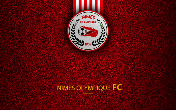 Nimes Olympique de FC, club de f&#250;tbol franc&#233;s, de 4k, la Ligue 2, de textura de cuero, logotipo, Nimes, Francia, de la segunda divisi&#243;n, f&#250;tbol