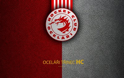 HC Ocelari Trinec, 4k, logo, leather texture, Czech hockey club, Extraliga, Trshinec, Czech Republic, hockey