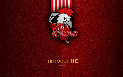 HC Olomouc, 4k, logo, leather texture, Czech hockey club, Extraliga, Olomouc, Czech Republic, hockey