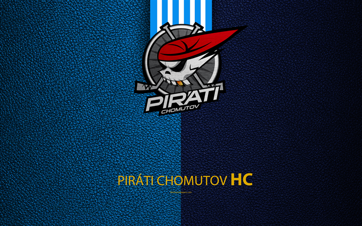 HC Pirati Chomutov, 4k, logo, textura de couro, Checa h&#243;quei clube, Extraliga, Chomutov, Rep&#250;blica Checa, h&#243;quei
