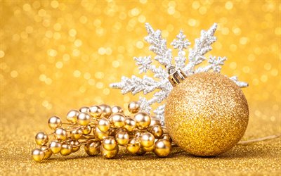 New Year, bright snowflake, yellow Christmas balls, Christmas, decoration