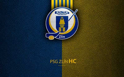 PSG Zlin HC, 4k, logo, leather texture, Czech hockey club, Extraliga, Zlin, Czech Republic, hockey