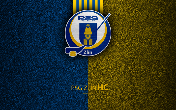 O PSG Zlin HC, 4k, logo, textura de couro, Checa h&#243;quei clube, Extraliga, Zlin, Rep&#250;blica Checa, h&#243;quei
