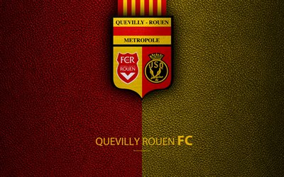 US Quevilly-Rouen FC, French football club, 4k, Ligue 2, leather texture, logo, Le Petit-Keviji, France, second division, football