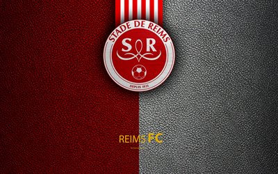 Reims FC, Stade de Reims FC, French football club, 4k, Ligue 2, leather texture, logo, Reims, France, second division, football