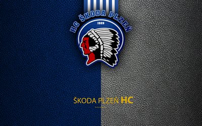 HC Skoda Plzen, 4k, logo, leather texture, Czech hockey club, Extraliga, Plzen, Czech Republic, hockey