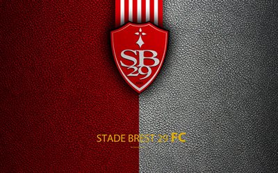 Stade Brest 29 FC, French football club, 4k, Ligue 2, leather texture, logo, Brest, France, second division, football
