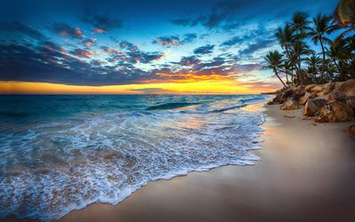 tropical islands, ocean, golden sunset, beach, palm trees, waves