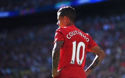Philippe Coutinho, Liverpool FC, 4k, Premier League, England, football, Brazilian football player