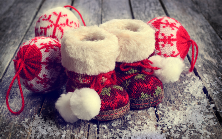 Natal, inverno, vermelho de malha, botas de feltro, Ano Novo, luvas