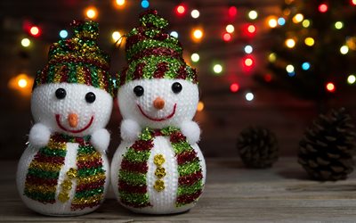 two snowmen, Happy New Year, Christmas lights, xmas decorations, Merry Christmas, New years night