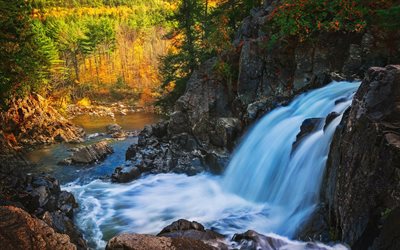 beautiful waterfall, autumn, forest, yellow trees, Adirondack Park, New York State, USA, waterfall