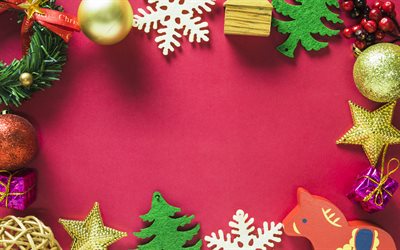 إطار عيد الميلاد, الخلفية الوردي, السنة الجديدة, الإطار للحصول على بطاقات, كرات, شجرة