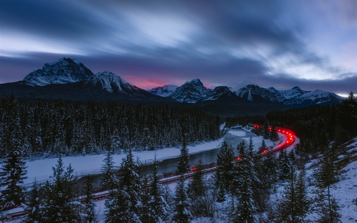 winter landscape, mountains, snow, winter, railroad, train, Bow River, Rocky Mountains, Banff National Park, Alberta, Canada