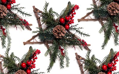 Christmas star, New Year, tree, Christmas, decorations, red berries, cones, wooden star, Merry Christmas