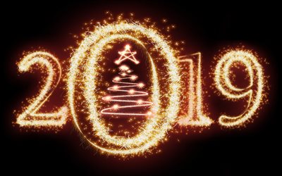 2019 capodanno, fuochi d&#39;artificio, nuovo albero di Natale, la notte cielo, 2019 concetti, creativit&#224; 2019 sfondo