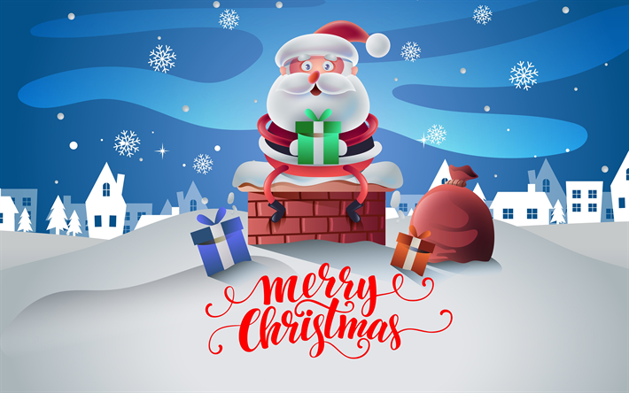 Papai Noel com os presentes, 4k, cartoon santa, inverno, Feliz ano Novo, caixas de presente, Noite de natal, Feliz Natal, natal, Natal