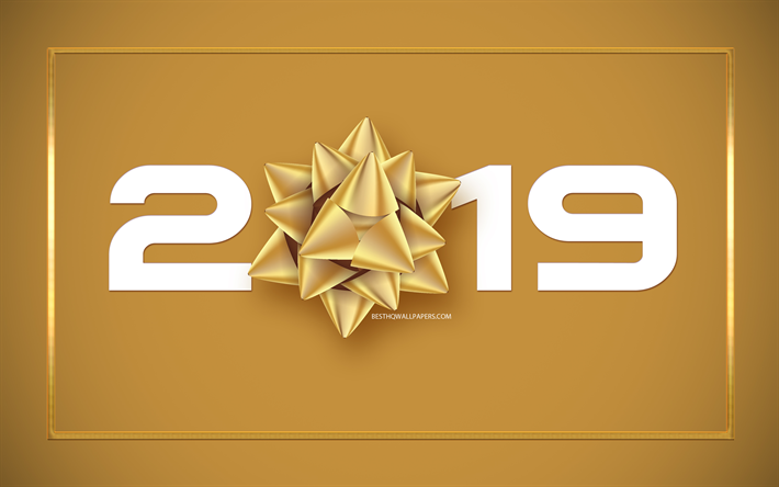 2019 Year, Happy New Year, 2019 concepts, golden silk bow, 2019 art, 2019 creative design, golden 2019 background, congratulation