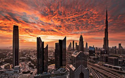 UAE, Dubai, sunset, kaupunkimaisemat, pilvenpiirt&#228;ji&#228;, Yhdistyneet Arabiemiirikunnat