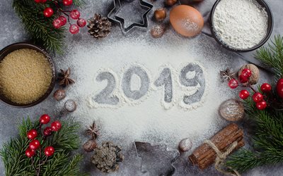 2019 year, flour, Happy New Year, tree, 2019 creative art, snow, winter, 2019 food art