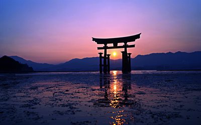 Torii, 4k, Giapponese cancello, tramonto, HDR, porta in acqua, Asia, Giappone