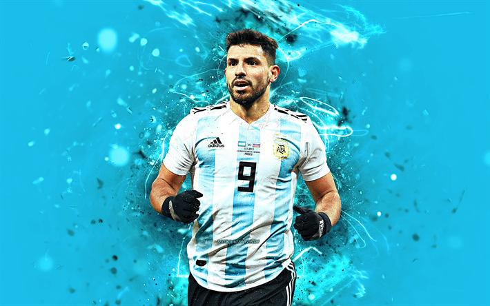 Sergio Aguero, forward, Argentina National Team, striker, fan art, Aguero, football stars, soccer, footballers, neon lights, Argentinean football team
