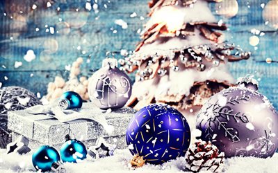 Xmas balls, Christmas tree, gift box, colorful balls, xmas decorations, Merry Christmas, Happy New year, Christmas