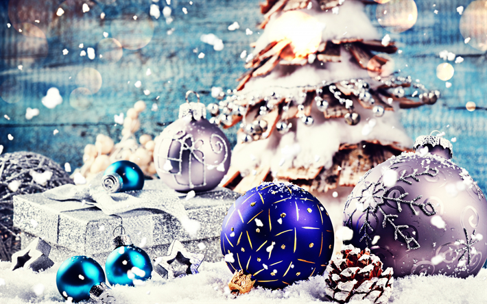 Navidad bolas, &#225;rbol de Navidad, caja de regalo, bolas de colores, decoraciones de navidad, feliz Navidad, Feliz a&#241;o Nuevo, Navidad