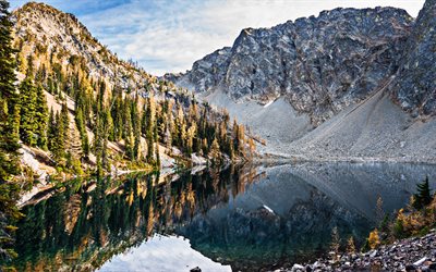 Blue Lake, american landmarks, beautiful nature, mountains, North Cascades National Park, Washington, USA, America, HDR