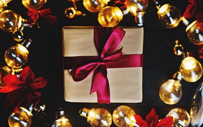 Christmas gift, red silk bow, gift box, light bulbs, Christmas, New Year, Merry Christmas