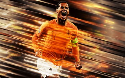 Virgil van Dijk, Holanda equipa nacional de futebol, defensor, retrato, arte, fundo laranja, Holand&#234;s jogador de futebol