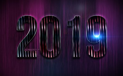 2019 purple metal digits, purple background, Happy New Year 2019, brown digits, 2019 concepts, blue neon lights, 2019 on puprle background, 2019 year digits