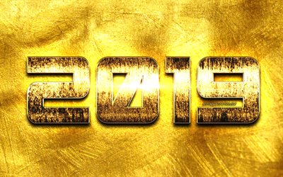 2019 golden metal digits, yellow background, creative, Happy New Year 2019, golden digits, 2019 concepts, yellow lights, 2019 on golden background, 2019 year digits