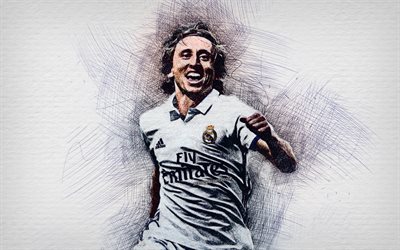 Luka Modric, computer drawing, croatian footballers, Galacticos, Real Madrid, La Liga, Modric, Golden Ball 2018, artwork, soccer, football, drawing Luka Modric