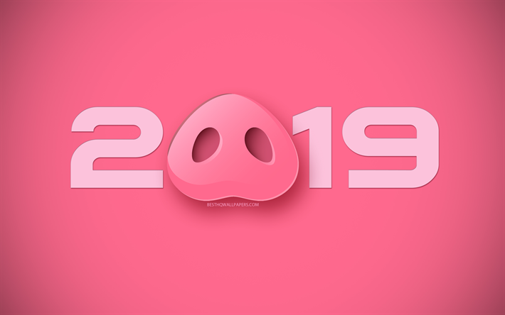 2019 jahr, happy new year, ferkel, 2019 schwein jahr, rosa 2019 hintergrund, kreative kunst, 2019 konzepte, jahr des schweins