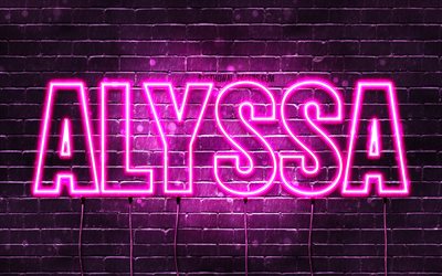 Alyssa, 4k, wallpapers with names, female names, Alyssa name, purple neon lights, horizontal text, picture with Alyssa name