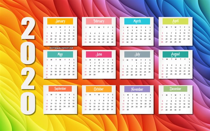 2020 Calendario, multicolor olas de fondo, de 2020 todos los meses, el a&#241;o 2020 cuadr&#237;cula del calendario, abstracto, antecedentes, 2020 conceptos, A&#241;o 2020 Calendario