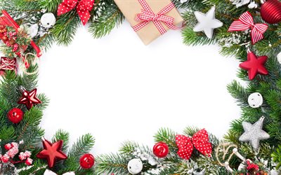 Christmas frame, 4k, white backgrounds, Merry Christmas, new year decorations, Happy New Year, xmas decorations, christmas decorations, Christmas decorations, xmas frames, New Years concerts